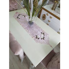 Finezza 40x140 cm Mina Kadife Kumaş Lazer Kesim Çiçek Süslemeli Pudra Krem Runner