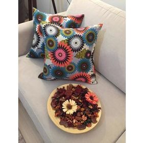 Finezza 45x45 cm Geometrik Çiçek Baskılı Duck Pamuk Kumaş Krem 2'li Kırlent