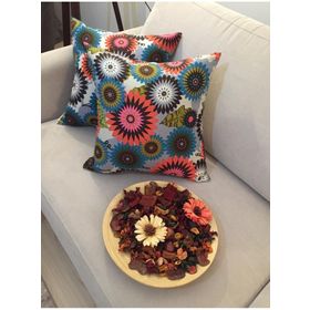 Finezza 45x45 cm Geometrik Çiçek Baskılı Duck Pamuk Kumaş Krem 2'li Kırlent