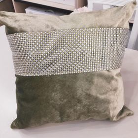 Finezza 45x45 cm Hale Şerit Taşlı Kadife Kumaş Haki 2'li Kırlent