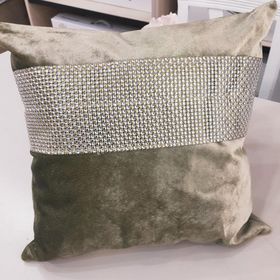 Finezza 45x45 cm Hale Şerit Taşlı Kadife Kumaş Haki 2'li Kırlent