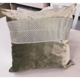 Finezza 45x45 cm Hale Şerit Taşlı Kadife Kumaş Haki 2'li Kırlent