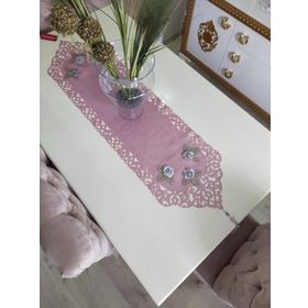 Finezza 718 40x140 cm Pudra Gri Mina Kadife Lazer Kesim Çiçek Süslemeli Runner