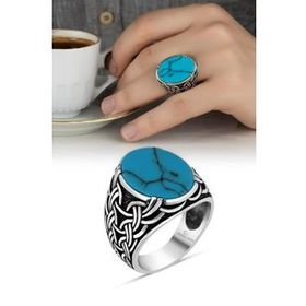 Firuze Oval Taşlı 925 Gümüş Erkek Yüzük