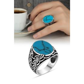 Firuze Oval Taşlı 925 Gümüş Erkek Yüzük