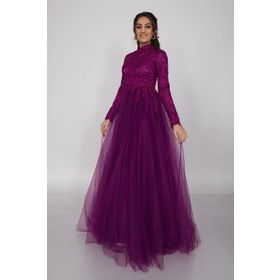 Fistan 6943 Uzun Kol İşlemeli Tesettür Nişanlık Abiye Elbise