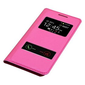 Fitcase Samsung Galaxy Ace 4 S View Dikişli Deri Çift Pencereli Pembe Kılıf