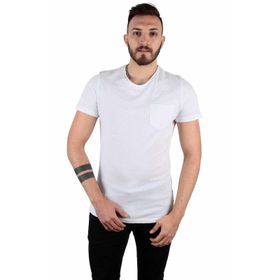 Five Pocket Erkek Beyaz Bisiket Yaka Oversize Cepli Tişört