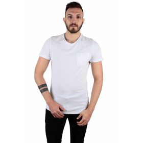 Five Pocket Erkek Beyaz Bisiket Yaka Oversize Cepli Tişört