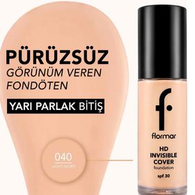 Flormar 40 Light Ivory Invisible Cover Hafif Yapılı Yarı Parlak Bitişli Spf30 30 gr Fondöten