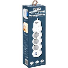 Fly 3393-01 2.1A Anahtarlı 2 mt Kablo Beyaz Ahşap Bej Siyah 3 Soket 2 USB Akım Korumalı Priz
