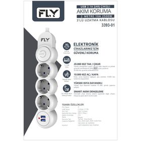 Fly 3393-01 3 Soket 2 USB 2.1A Anahtarlı 2 m Beyaz Kablo Akım Korumalı Priz