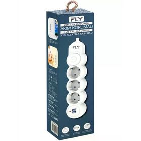 Fly 3393-01 3 Soket 2 USB 2.1A Anahtarlı 2 m Beyaz Kablo Akım Korumalı Priz