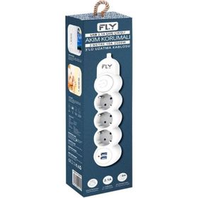 Fly 3393-01 3 Soket 2 USB 2.1A Anahtarlı 2 m Beyaz Kablo Akım Korumalı Priz