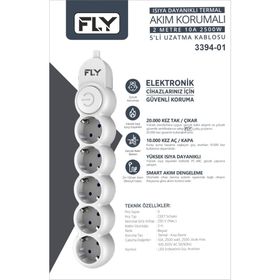 Fly 3394-01 5 Soket 2.1A Anahtarlı 2 m Beyaz Kablo Akım Korumalı Priz