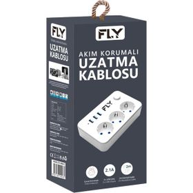 Fly 3406-01 2.1A Anahtarlı 2 mt Kablo Beyaz Ahşap Bej Siyah 3 Soket 3 USB Akım Korumalı Priz
