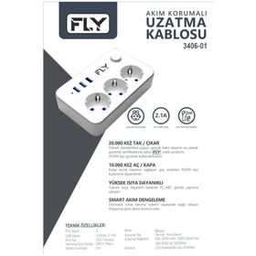 Fly 3406-01 3 Soket 3 USB 2.1 A Anahtarlı 2 m Kablo Beyaz Akım Korumalı Priz