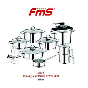 FMS 6012S Silindir Silver Gümüş 18 Parça Çelik Çeyiz Tencere Takımı