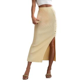 FNKDOR Bodycon Ribanalı Yüksek Bel Sarı Kadın Etek