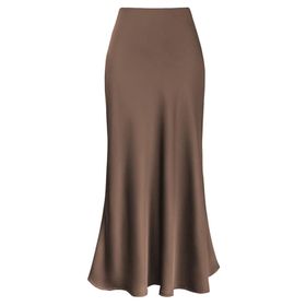 FNKDOR Bodycon Rock Yüksek Bel Uzun Sade Fermuarlı Kahve Kadın Etek
