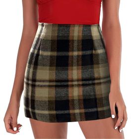 FNKDOR Bodycon Yüksek Bel Karo Kahverengi Kadın Mini Etek