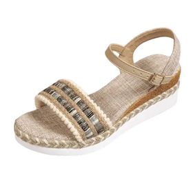 FNKDOR Boho Espadril Şık Rahat Tokalı Keten Kama Haki Kadın Sandalet