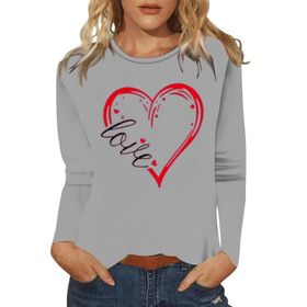 FNKDOR Love Heart Graphic Gri Yuvarlak Yaka Uzun Kollu Kadın Bluz