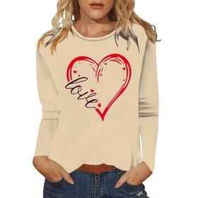 FNKDOR Love Heart Graphic Haki Yuvarlak Yaka Uzun Kollu Kadın Bluz