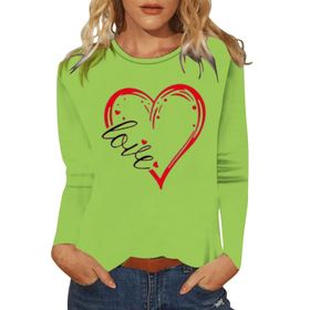 FNKDOR Love Heart Graphic Yeşil Yuvarlak Yaka Uzun Kollu Kadın Bluz