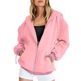 FNKDOR Pembe Fermuarlı Kapüşonlu Fermuarlı Tek Renkli Spor Kadın Ceket