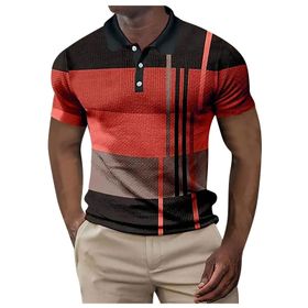 FNKDOR Slim Fit Casual Waffle Kontrast Renkler Baskılı Kırmızı Kısa Kollu Polo Erkek T-shirt