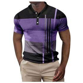 FNKDOR Slim Fit Casual Waffle Kontrast Renkler Baskılı Mor Kısa Kollu Polo Erkek T-shirt