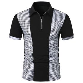 FNKDOR Slim Fit Gri Patchwork Kareli Fermuarlı Erkek T-shirt