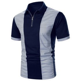 FNKDOR Slim Fit Lacivert Patchwork Kareli Fermuarlı Erkek T-shirt
