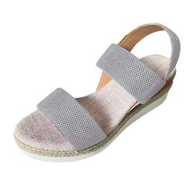 FNKDOR Slingback Gri Rahat Şık Elastik Bant Keten Kama Kadın Sandalet