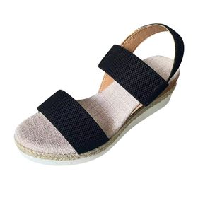 FNKDOR Slingback Siyah Rahat Şık Elastik Bant Keten Kama Kadın Sandalet