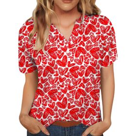 FNKDOR Tunkia 3D Baskılı V Yaka Kalp Desenli Kırmızı Kadın T-shirt