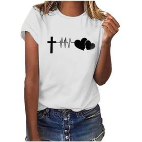 FNKDOR Tunkia Kalp Desenli Baskılı Regular Fit Yuvarlak Yaka Kısa Kol Beyaz-A Kadın T-shirt
