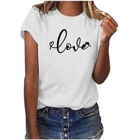 FNKDOR Tunkia Kalp Desenli Baskılı Regular Fit Yuvarlak Yaka Kısa Kol Siyah Schwarz-A Kadın T-shirt