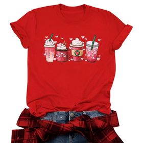 FNKDOR Tunkia Kalp Desenli Baskılı Yuvarlak Yaka Kısa Kol 3-Pembe Kadın T-shirt