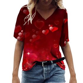 FNKDOR Tunkia Kalp Desenli V Yaka Kısa Kol Kırmızı Kadın T-shirt