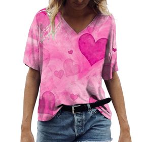 FNKDOR Tunkia Kalp Desenli V Yaka Kısa Kol Pembe Kadın T-shirt