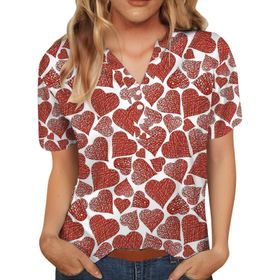 FNKDOR Tunkia Kalp Desenli V Yaka Kısa Kol Sıcak Gül Rengi Kadın T-shirt