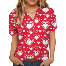 FNKDOR Tunkia Kalp Desenli V Yaka Kısa Kol Standart Kesim Kırmızı Kadın T-shirt