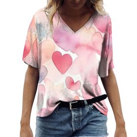 FNKDOR Tunkia Kalp Desenli V Yaka Kısa Kol Wassermelonenrot Kadın T-shirt