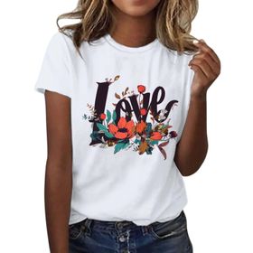 FNKDOR Tunkia Love Alfabe Baskılı Çiçek Desenli Yuvarlak Yaka Kısa Kol Beyaz Kadın T-shirt