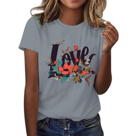 FNKDOR Tunkia Love Alfabe Baskılı Çiçek Desenli Yuvarlak Yaka Kısa Kol Gri Kadın T-shirt