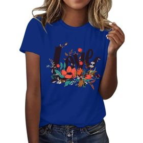 FNKDOR Tunkia Love Alfabe Baskılı Çiçek Desenli Yuvarlak Yaka Kısa Kol Mavi Kadın T-shirt