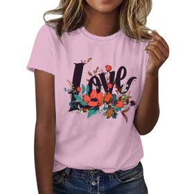 FNKDOR Tunkia Love Alfabe Baskılı Çiçek Desenli Yuvarlak Yaka Kısa Kol Pembe Kadın T-shirt