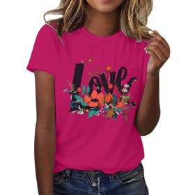 FNKDOR Tunkia Love Alfabe Baskılı Çiçek Desenli Yuvarlak Yaka Kısa Kol Sıcak Gül Rengi Kadın T-shirt
